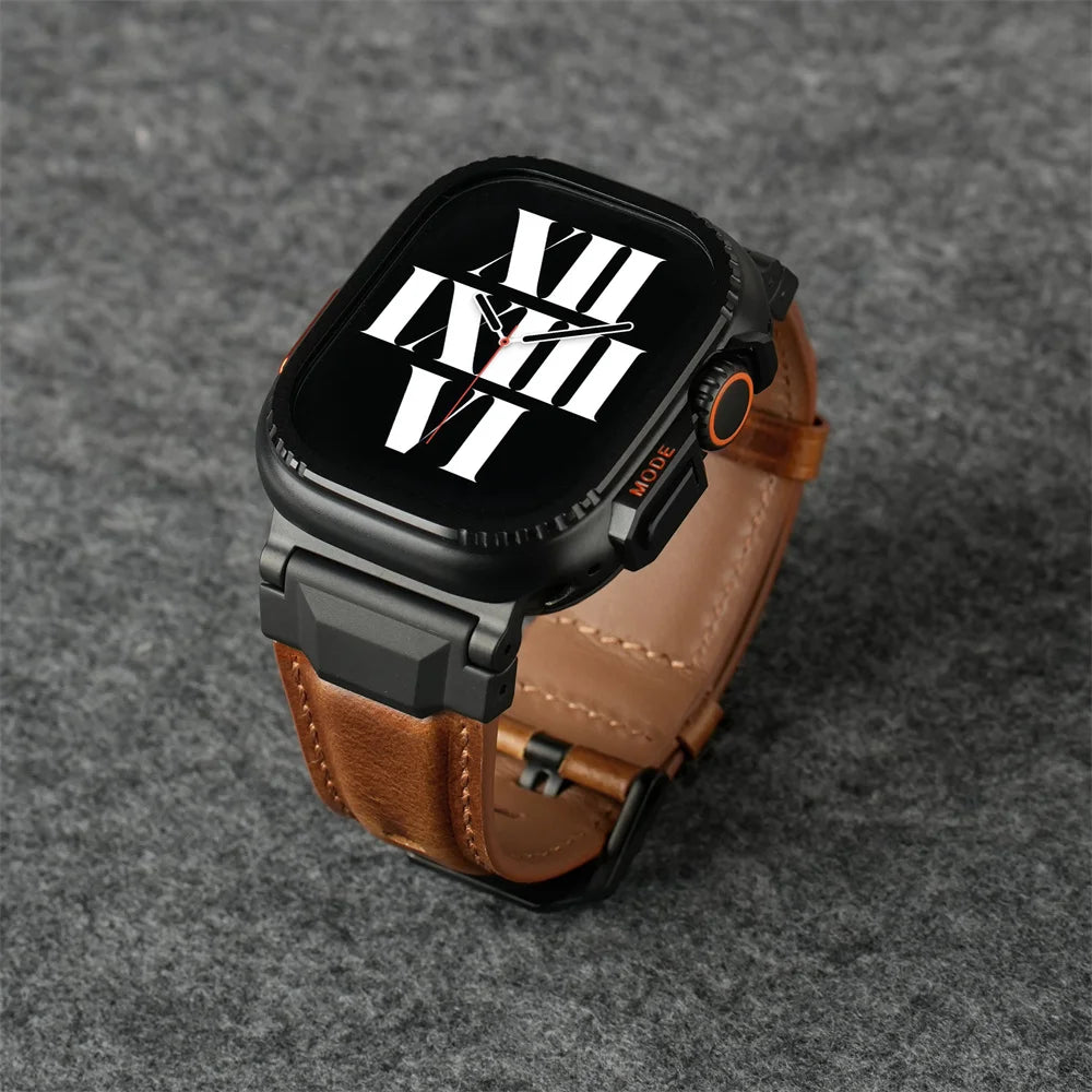 Genuine Leather bands For Apple watch ultra 3 2 49mm 44mm 45mm 46mm NEW Mecha Design bracelet iWatch series 11 10 9 8 7 6 5 SE