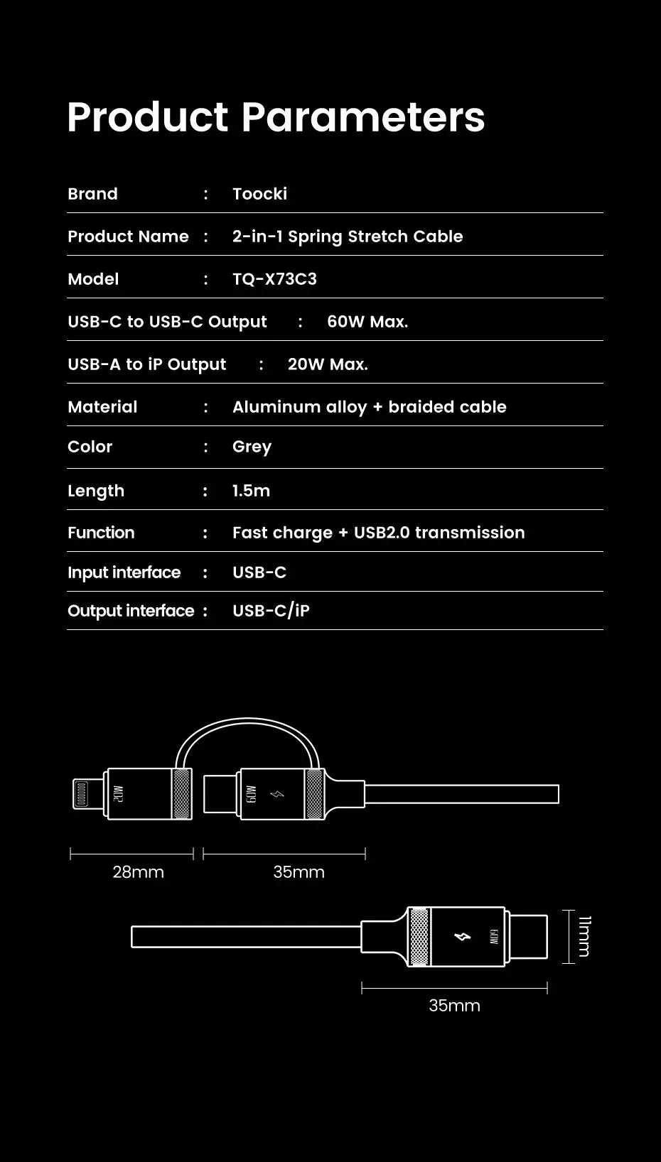 Toocki 2 in 1 PD 60W Type C Cable For iPhone 15 Pro Samsung S23 Xiaomi 2.4A Fast Charging USB Car Spring Cable For iPhone 14 13