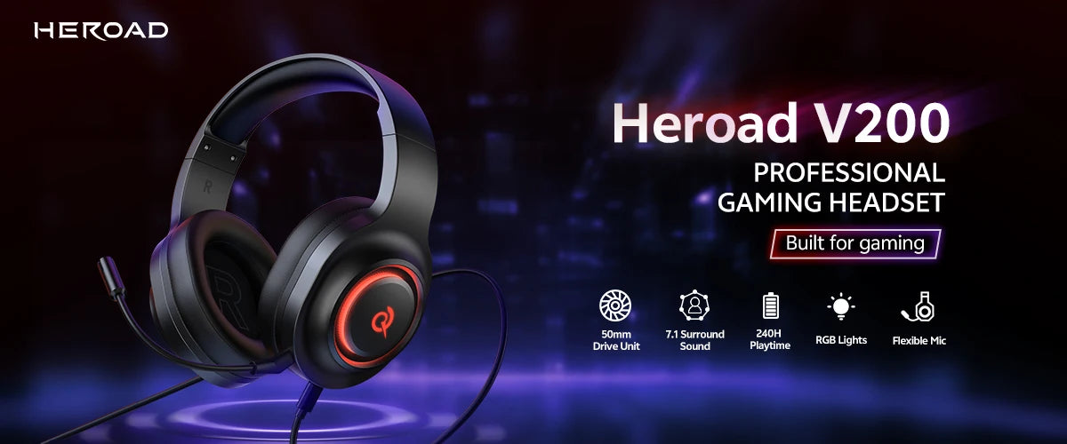 QCY Heroad V200 Gaming Headset with Mic Tri-Mode RGB Over Ear Headphones 7.1 Surround Sound 50mm Drivers for PC Headset Gamer