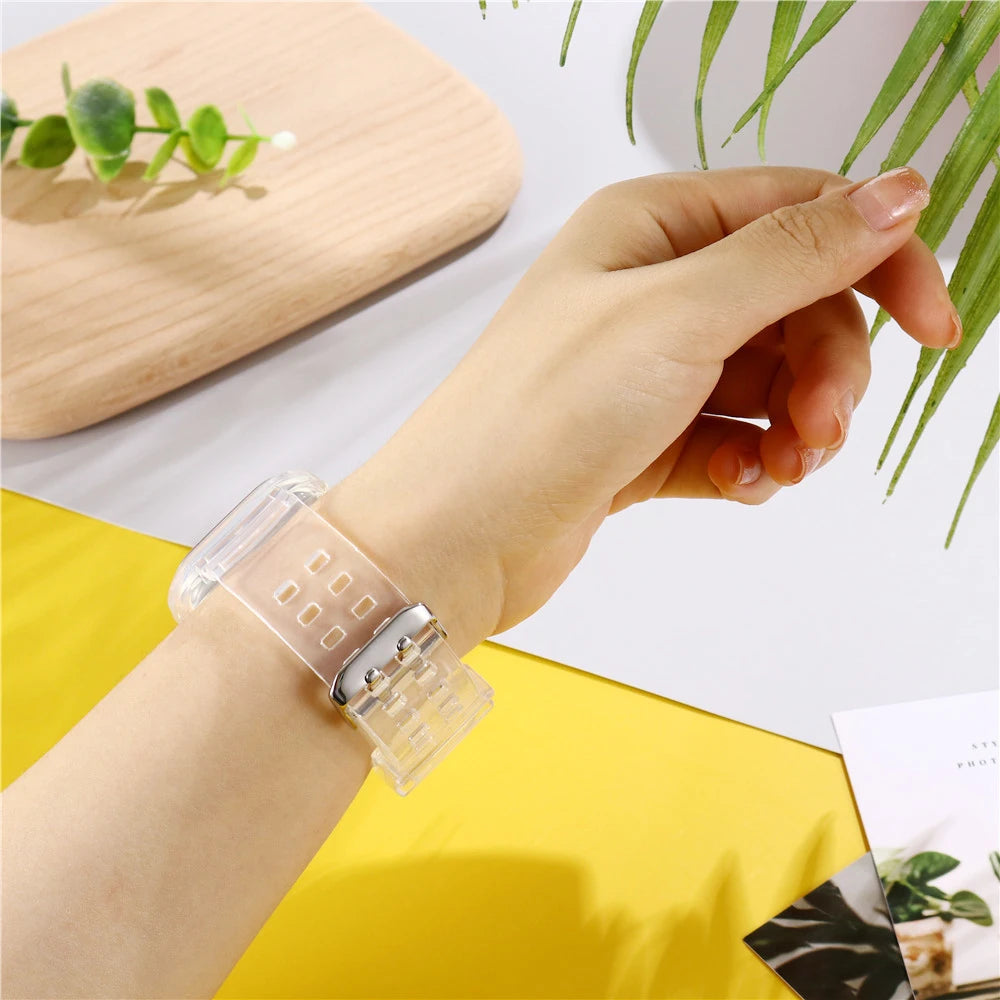Clear Band + Case for Apple Watch Series 9 8 7 6 SE 5 49mm 45mm 44mm 38mm 41mm Transparent for iwatch 10 46mm 42mm Plastic Strap