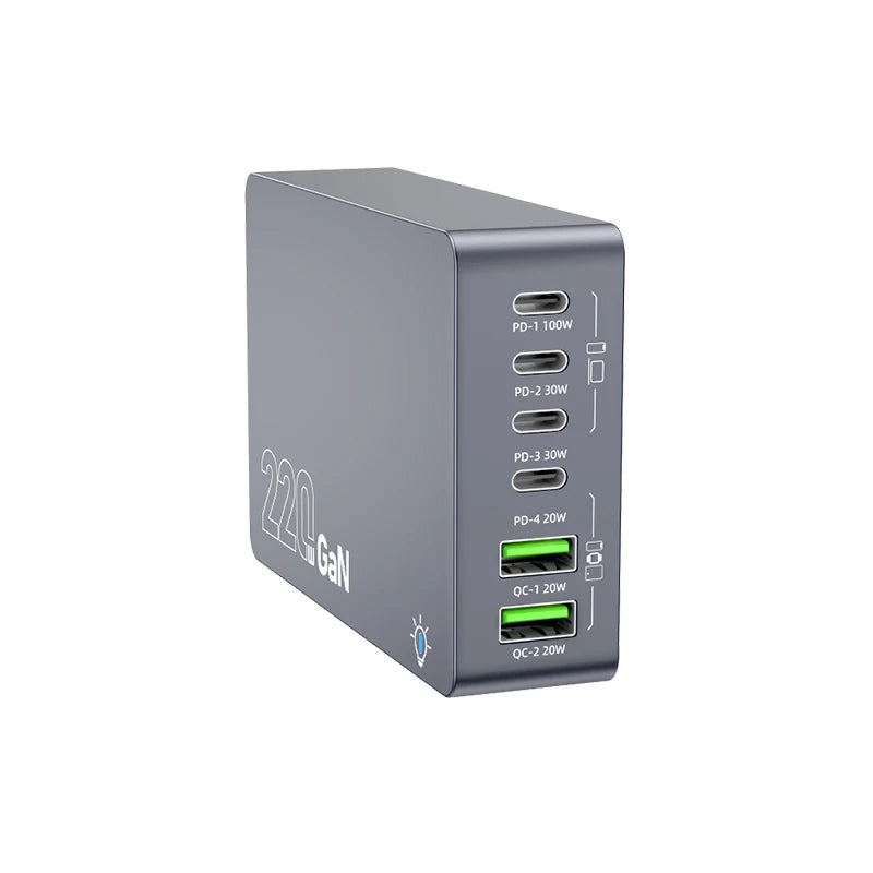 220W GaN Desktop Charger 6-Ports PD 100W USB Type C QC 3.0 Fast Charging Station for IPhone 16 Pro Tablet Macbook Samsung Laptop