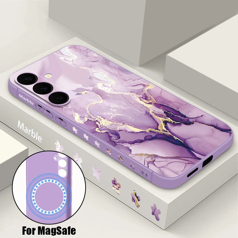 For Samsung Galaxy S26 S25 S24 S23 Ultra Plus S25 FE S22 Marble Case Magnetic For Magsafe Wireless Charge Silicone Lanyard Cover