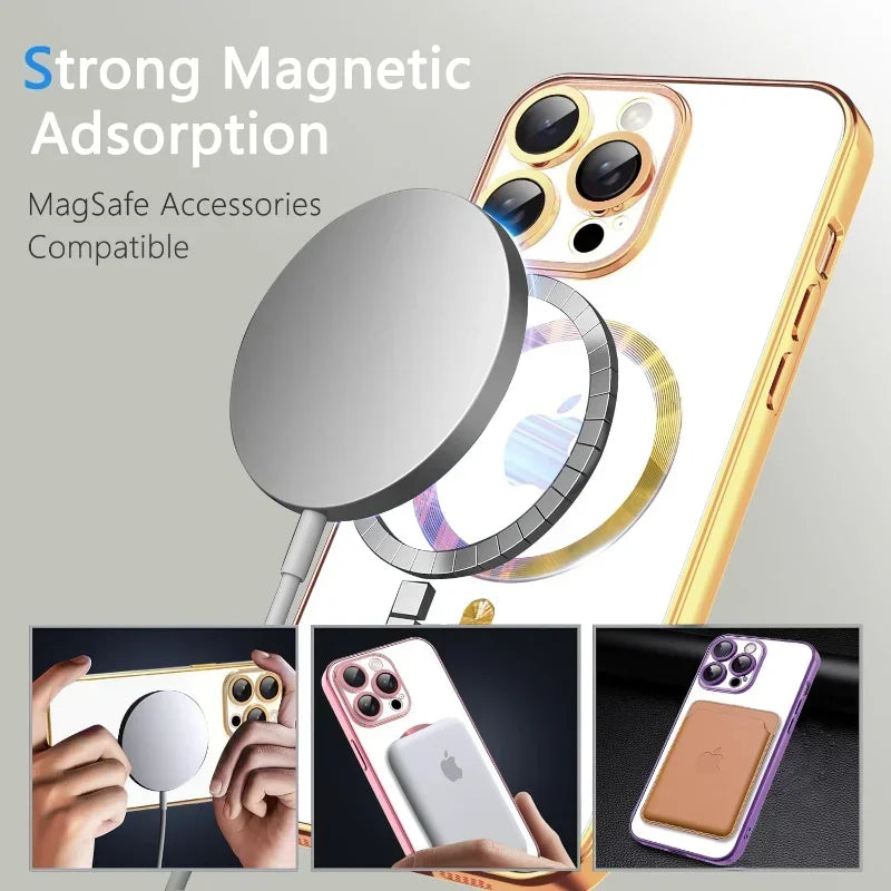 Full Protection Magnetic Wireless Charge Case For Magsafe For iPhone 17 16 15 14 13 12 Pro Max Case With Camera Lens Protector