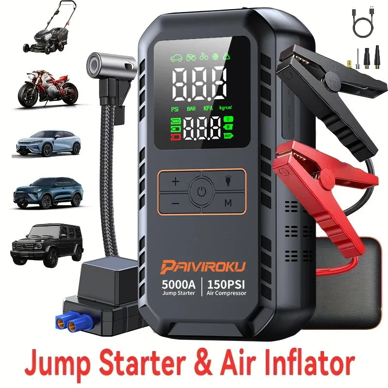 5000A Car Jump Starter with Air Compressor 150PSI Tire Inflator Auto Battery Booster Portable Jump Box
