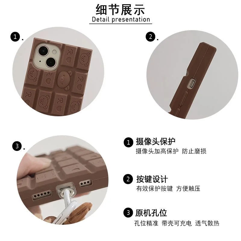 3D Chocolate Rilakkuma Phone Case For iPhone 17 16 Pro Max 15 14 Plus 13 12 11 Pro Max Soft Cover with Cute Bear Wrist Strap