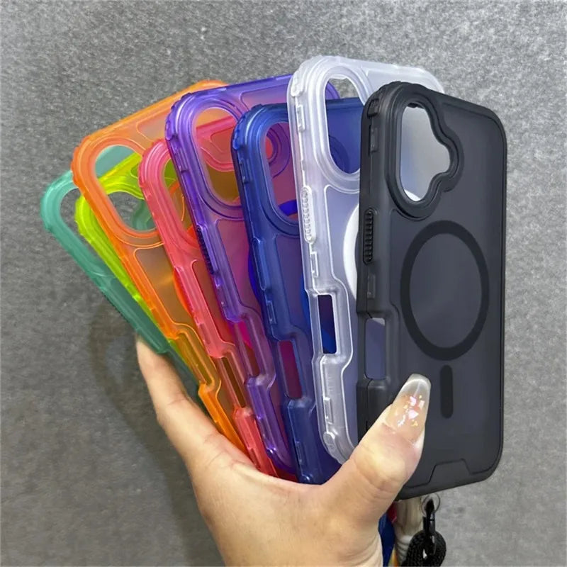 Luxury Armour Matte For Magsafe Phone Case For iPhone 17 11 14 12 13 15 16Pro Max Colourful Wrist Strap Lanyard Shockproof Cover