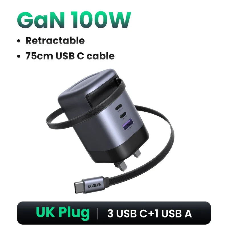 UGREEN 100W GaN Charger With Retractable USB C Cable UFCS PPS PD Fast Charger For Laptop Macbook Pro iPad Tablet iPhone Samsung