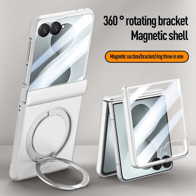 Magnetic Wireless Charging Matte Case For Samsung Galaxy Z Flip 8 7 With Rotating Bracket Hinge Tempered Film Shockproof Cover
