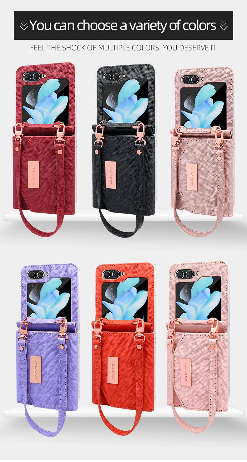 Girls Hand Strap Wallet Leather Phone Case Fit For Samsung Galaxy Z Flip 8 Flip7 6 5 4 3 5g Flip5 Flip4 Flip3 Holder Phone Cover