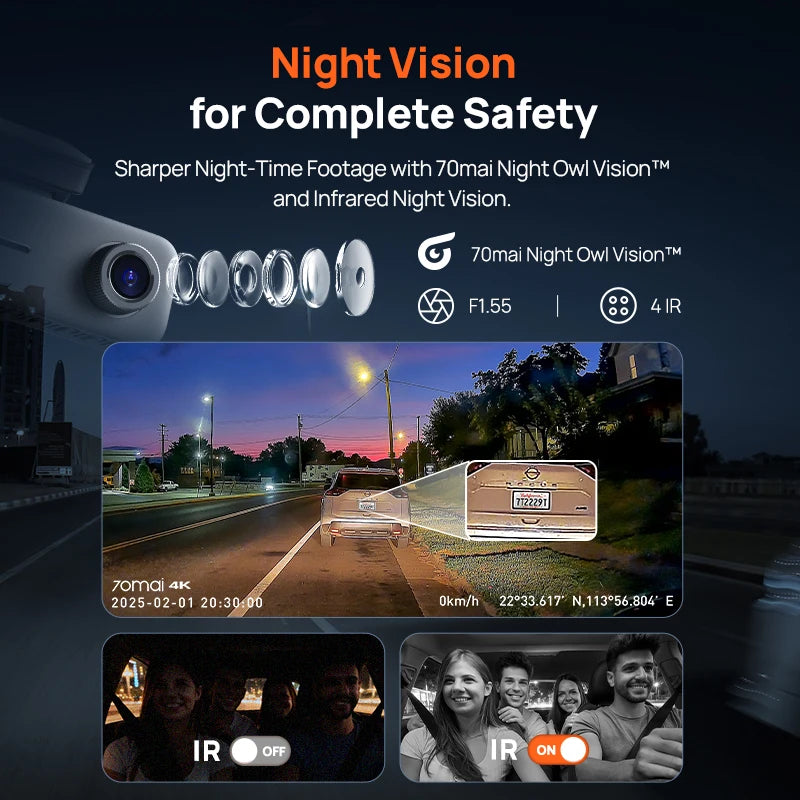70mai T800E 3-Channel Dash Cam, 4K HDR f/1.55 Built-in GPS Voice Control, Supercapacitor 24H Parking Mode 3-in-1 Car Camera