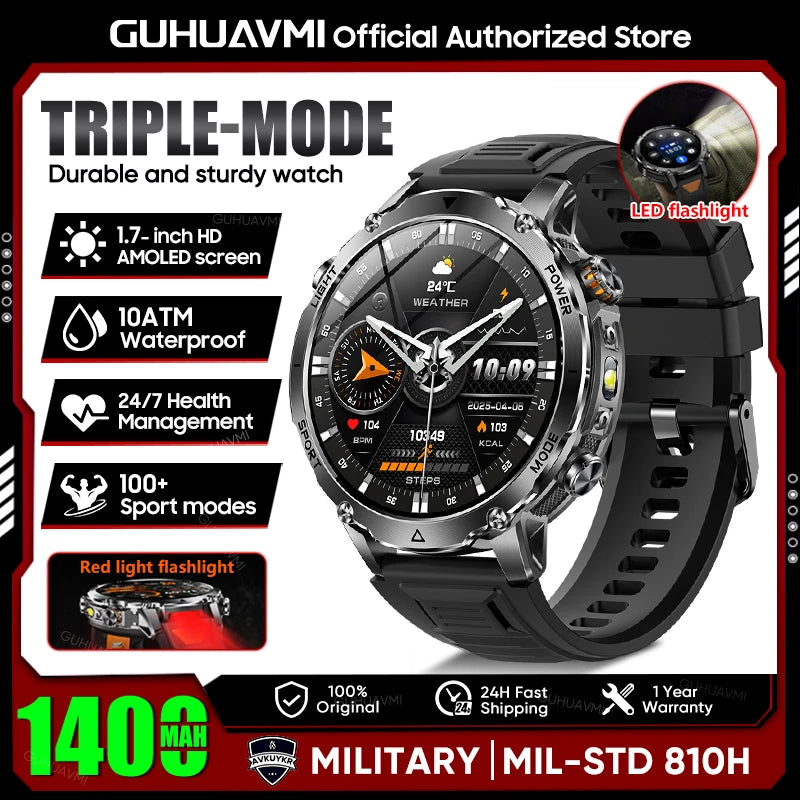 2026 New TANK Ultra 1400mAh Battery Military Smart Watch 10ATM Waterproof Heart Rate Tactical LED Flashlight Men Sports Bracelet
