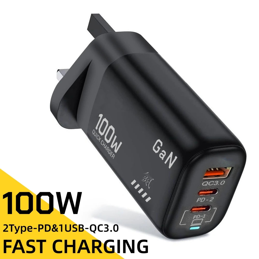 100W GaN PD Type C Charger USB QC 3.0 For Laptop Ipad PPS Fast Charge EU UK For Samsung Xiaomi iPhone 15 16 Pro Max Mobile Phone