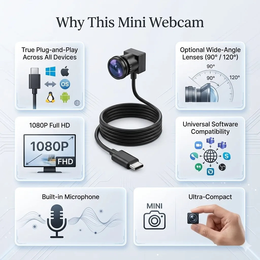 1080P Mini Webcam for Video Call TV, 3.7mm 90° & 2.8mm 120° Lens, USB Type-C Plug Play PC Camera with Mic, 2M Cable Android iOS