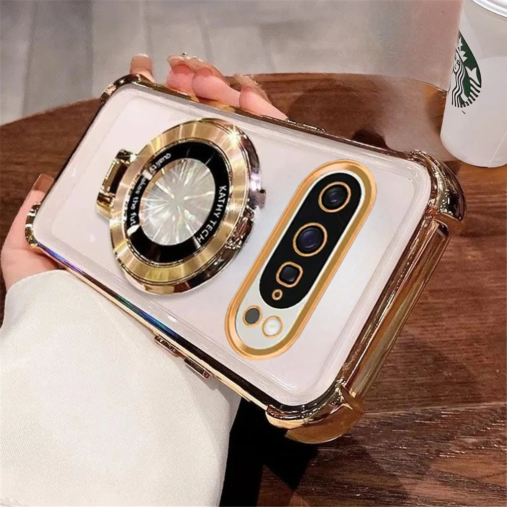Luxury Plating Holder Phone Case For Google Pixel 9 9A 9 10 Pro XL 10A 7 7A 8 8A Clear Shockproof Soft Silicone Stand Back Cover