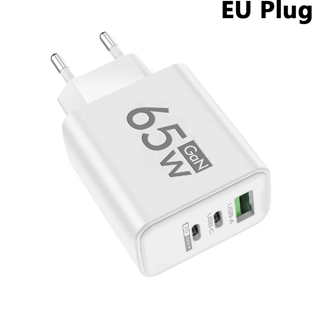 65W GaN Fast Charger PD 3.0 USB C Wall Charger 3 Ports QC3.0 For iPhone 15 16 Pro Samsung Xiaomi EU US Plug Mobile Phone Adapter