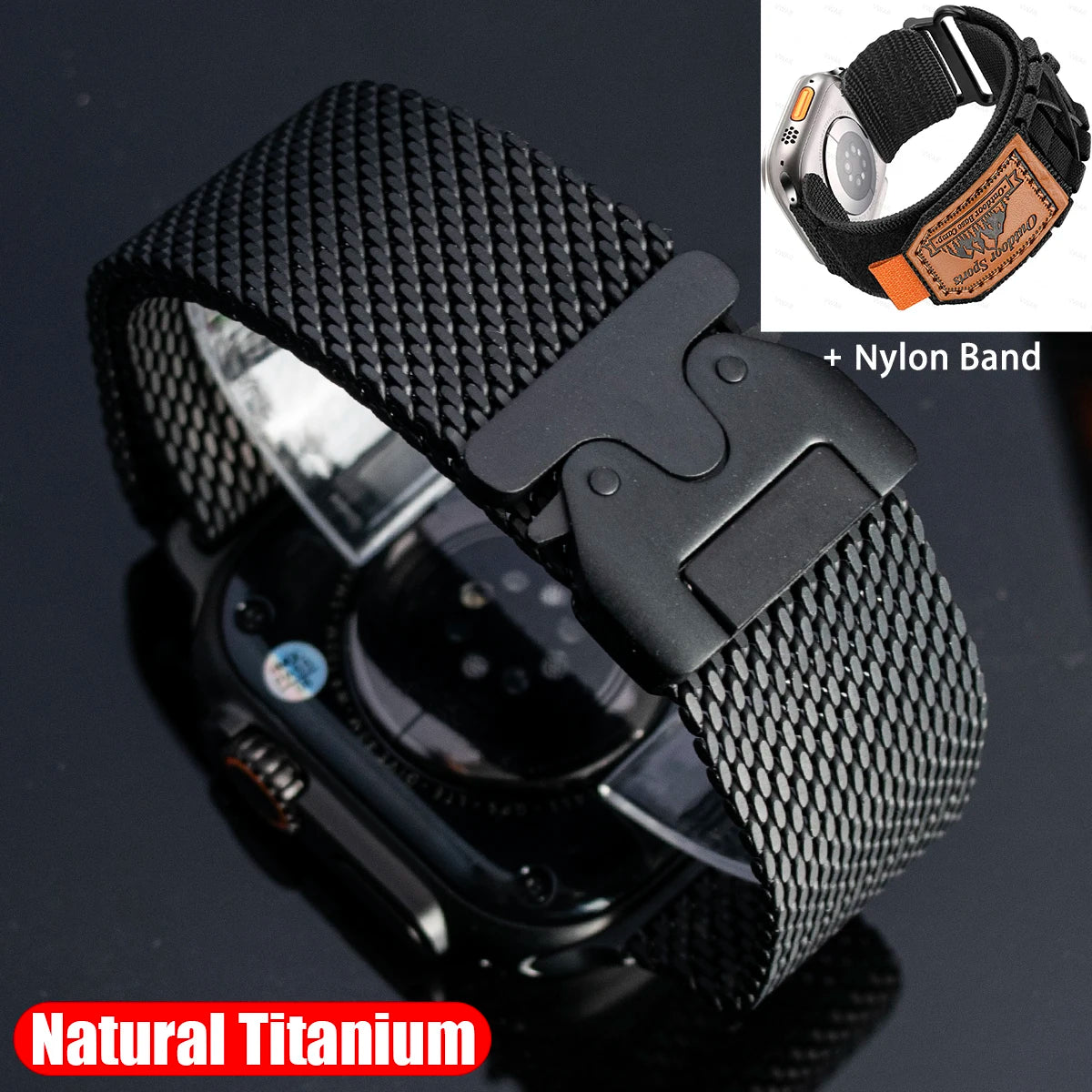 Titanium Band for Apple Watch Ultra 4/3/2 49mm iWatch Series 12 11 10 9 8 Natural Titanium Milanese Loop Strap Parachute Buckle