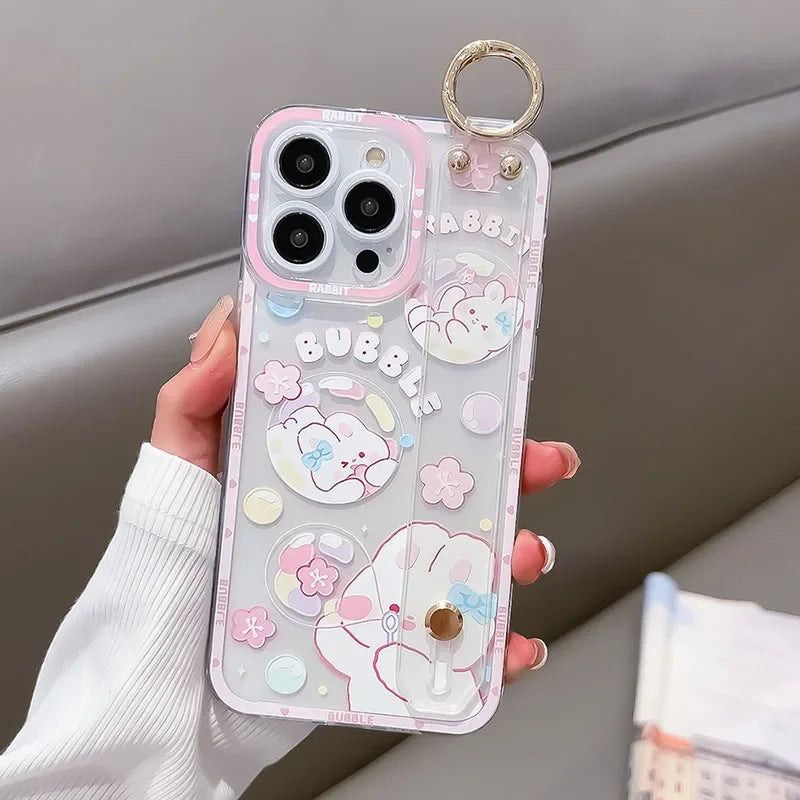 SoCouple Bear Rabbit Wrist Strap Case For Samsung S23 S24 S22 S21 S20 FE Plus Ultra Note 10 20 Soft Silicone Phone Holder Cover