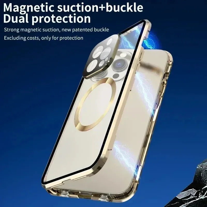 Metal Magnetic Case For Magsafe iPhone 17 Pro Max 16 15 14 13 12 Pro Max Plus Lens Protection Double Sided Glass Snap Lock Cover
