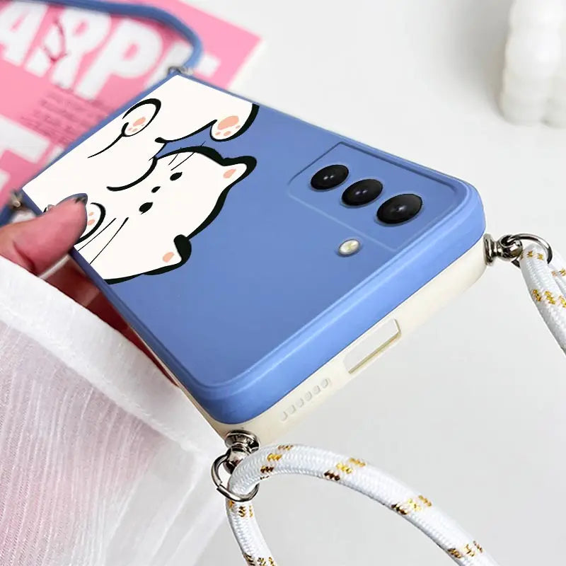 White Cloud Cat Crossbody Lanyard Silicone Phone Case For Samsung Galaxy S23 S23 Plus S22 S21 FE S21 S20 S9 Note 20 10 20 Cover