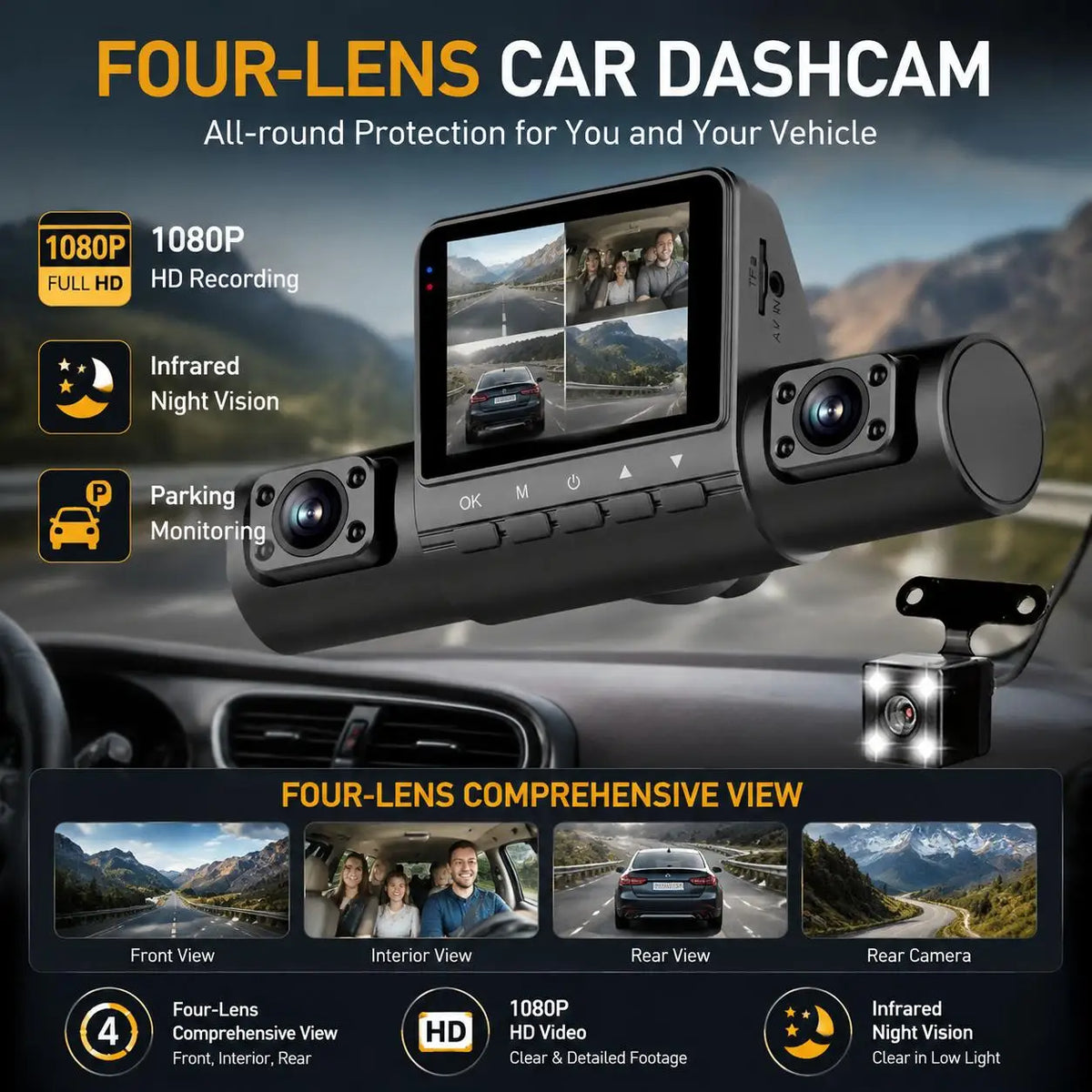 4 Lens Dash Cam 1080P Full HD 360 All Around View Car DVR 3 16 Inch IPS Screen Dashboard Camera Super Night Vision G Sensor Loop Recording Support Laptop Connection Professional Vehicle Driving Recorder Complete Interior Exte