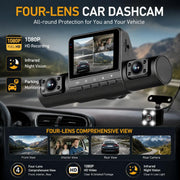 4 Lens Dash Cam 1080P Full HD 360 All Around View Car DVR 3 16 Inch IPS Screen Dashboard Camera Super Night Vision G Sensor Loop Recording Support Laptop Connection Professional Vehicle Driving Recorder Complete Interior Exte