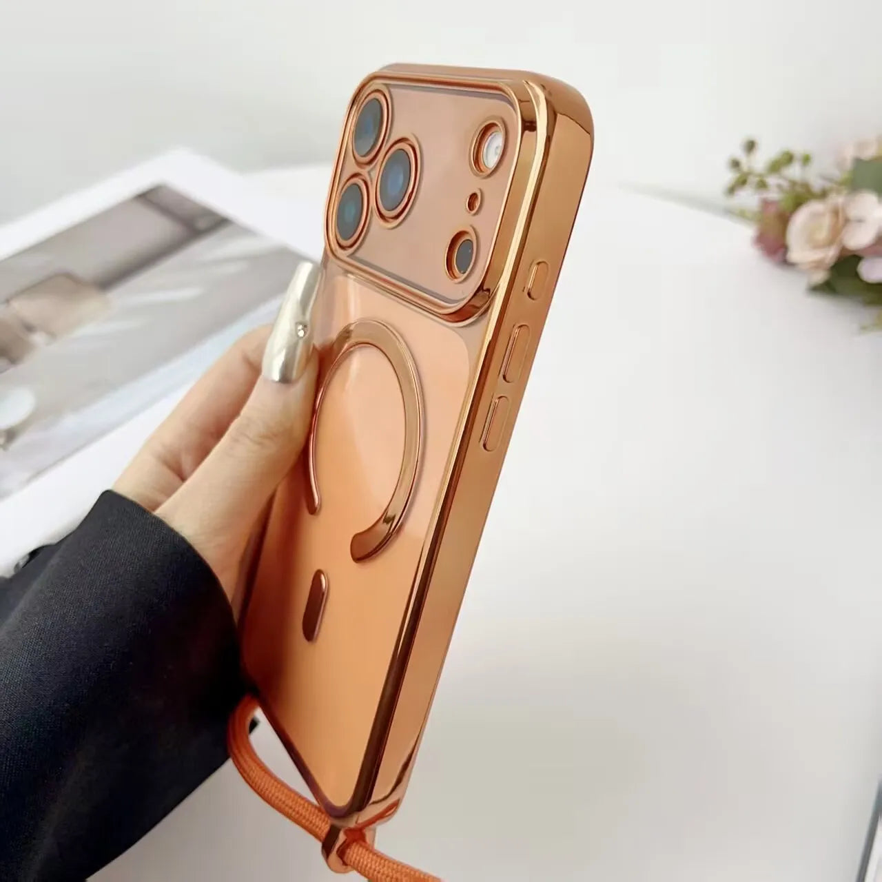 Luxury Necklace Cord Rope Lanyard Plating Magnetic Clear Phone Case For iPhone 17 Air 16 14 12 13 15 Pro Max For Magsafe Cover