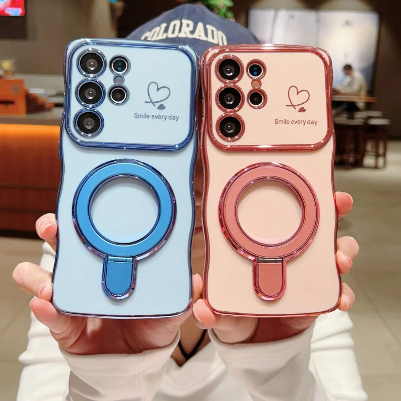 Wave Plating Side Love Heart Phone Case For Samsung Galaxy S26 S25 Ultra S24 S23 S22 A16 A55 Protect Lens Shockproof Back Cover