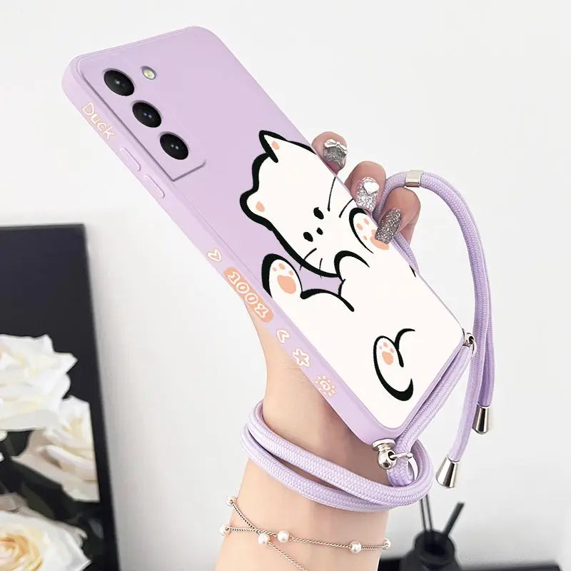 White Cloud Cat Crossbody Lanyard Silicone Phone Case For Samsung Galaxy S23 S23 Plus S22 S21 FE S21 S20 S9 Note 20 10 20 Cover