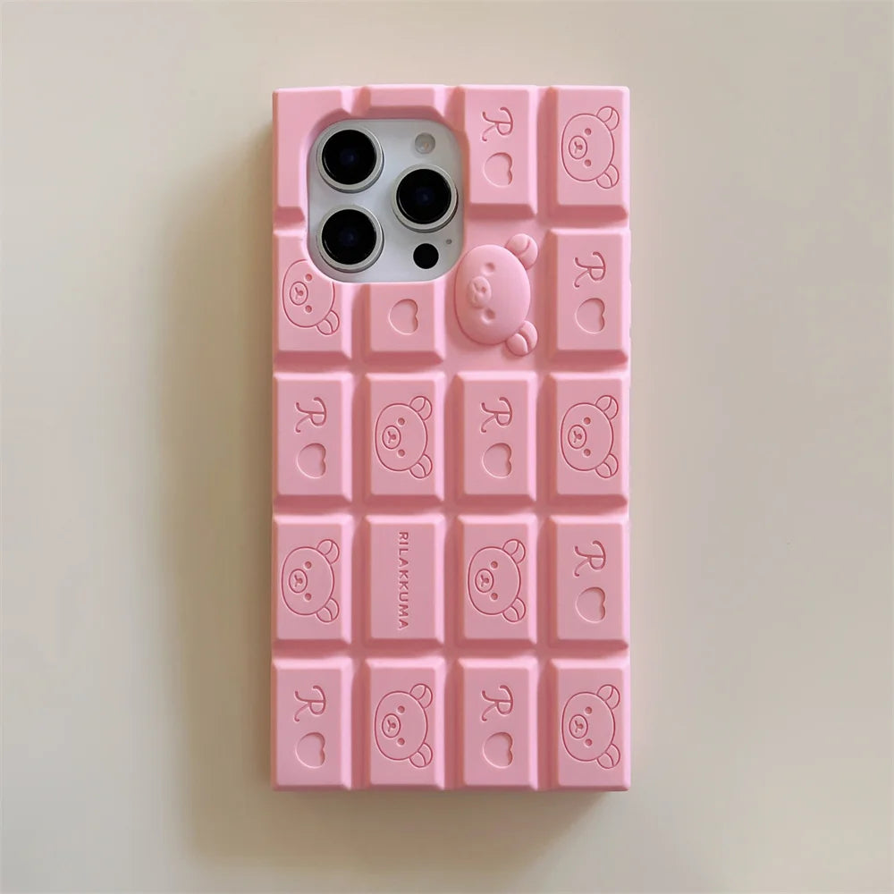 3D Chocolate Rilakkuma Phone Case For iPhone 17 16 Pro Max 15 14 Plus 13 12 11 Pro Max Soft Cover with Cute Bear Wrist Strap