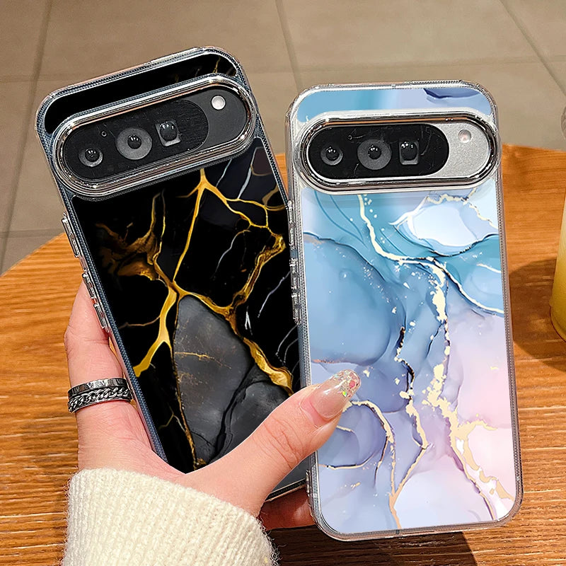 Colored Marble Print Phone Case For Google Pixel 10 9 Pro XL 10 9 8 7 Pro 9A 8A 7A Shockproof Plating Soft TPU Transparent Cover
