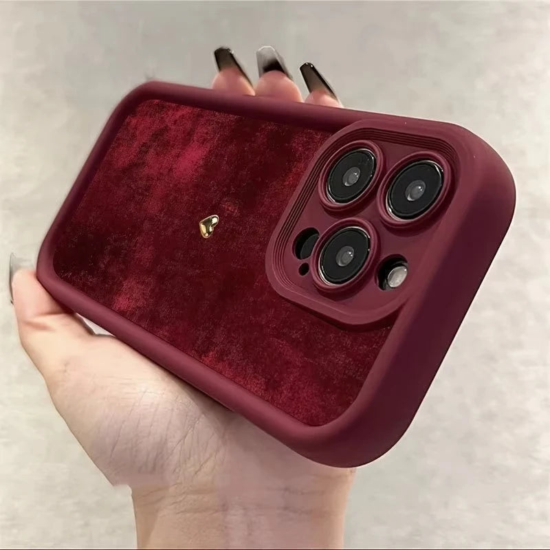 Burgundy Suede With Golden Heart Pattern TPU Case For Samsung Galaxy S25 S24 S23 S22 S21 S20 FE Plus Ultra A15 A35 A54 A55 Cover