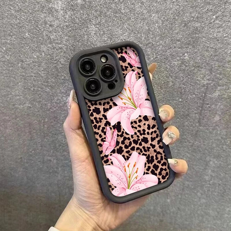 Pink Lily Flower Leopard Print Phone Case For iPhone 17 16 Pro Max 11 13 12 14 15 8 7 Plus XS XR X 16E 17E Shockproof TPU Cover