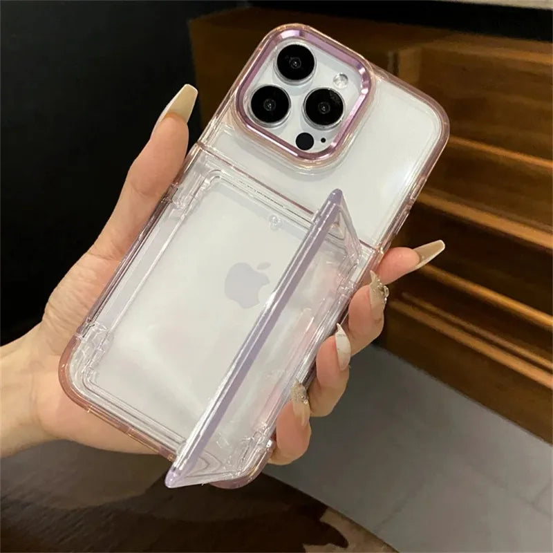 Transparent Card Slot Bag Holder Phone Case For iPhone17 Air 15 14 13 11 12 16 17ProMax Shockproof Protection Hard Acrylic Cover