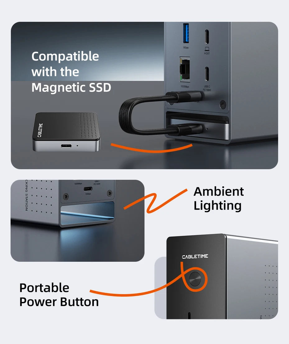 CABLETIME 16 IN 1 USB C Docking Station 4K HDMI-compatible M.2 SSD Enclosure Ethernet 100W PD Dock Hub SD/TF Working Station