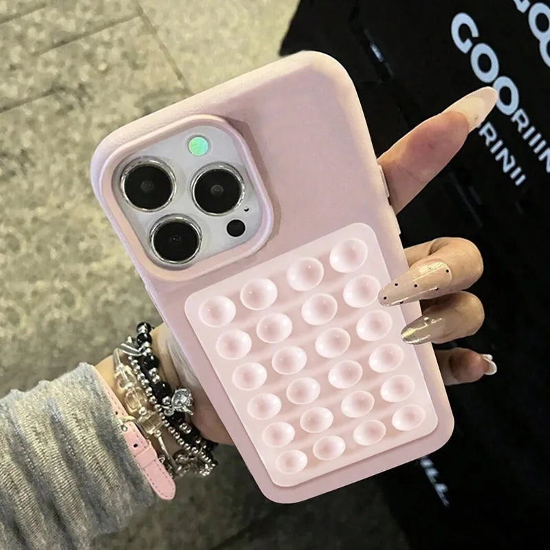 Luxury 3D Suction Cup Stand Litchi Pattern Phone Case For iPhone 17 16 15 14 Pro Max Plus 11 12 13 Pro Max X XR XS 16E Cover