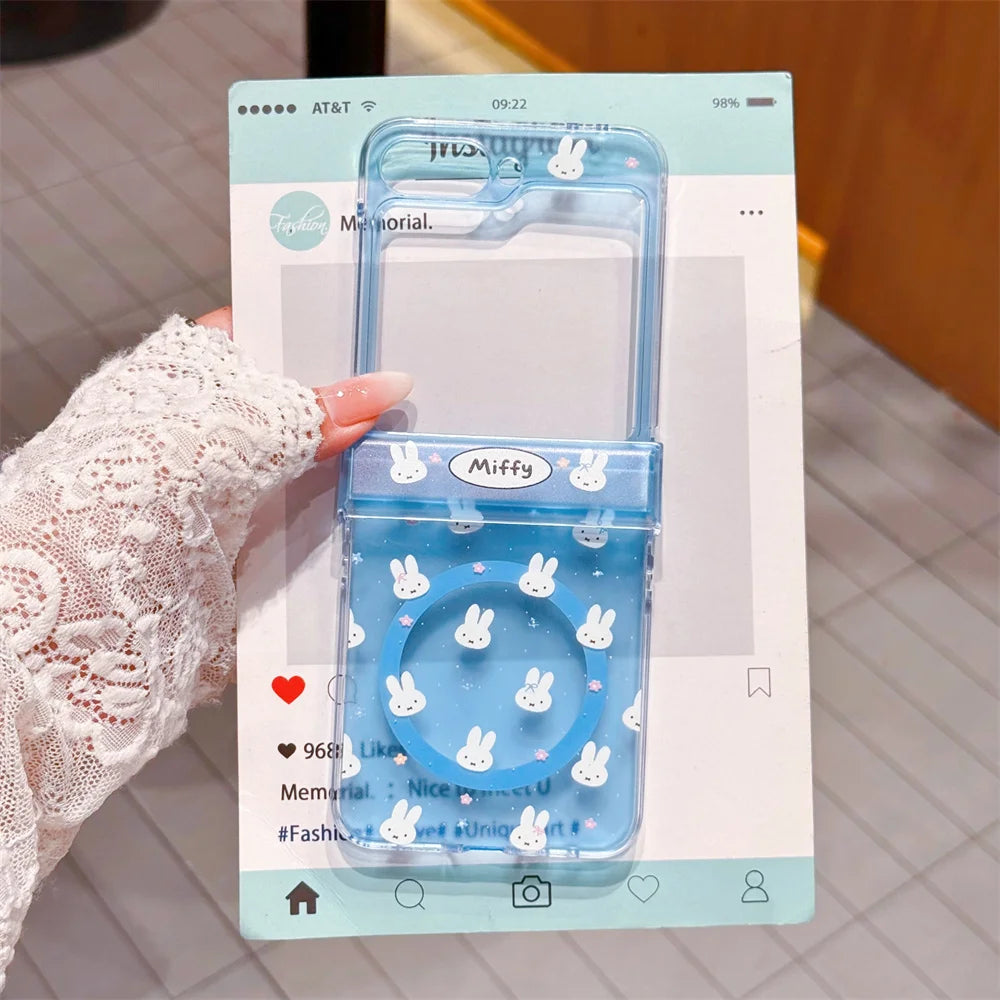 Cute polka dots Miffy Clear Folding Phone Case For Samsung Z Flip 8 7 6 5 4 3 flower Cartoon Miffy protect Cover Wrist Strap﻿﻿﻿﻿