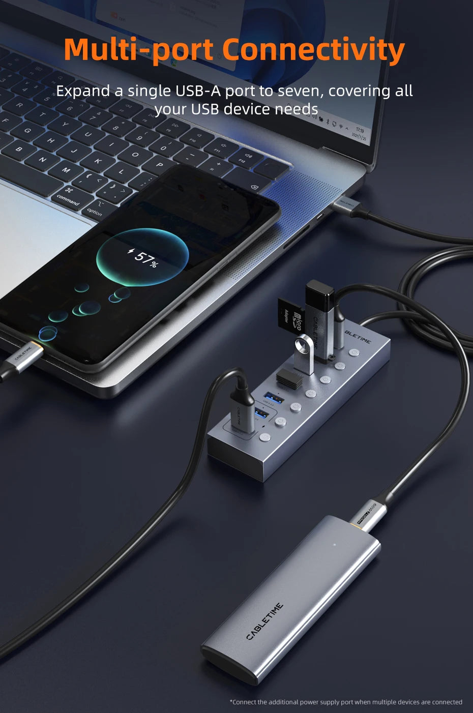 CABLETIME USB 3.0 HUB 5Gbps Dock Station 7-Port USB3.0 Splitter with Individual OFF/ON Switch for PC Laptop USB Ports Extender