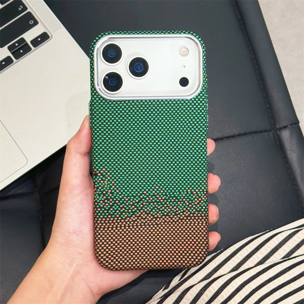 Luxury Kelvar Carbon Fiber Colorful Case for iPhone 17 16 15 14  13 Pro Max Metal Lens Frame Ultra Thin Hard Shockproof Cover