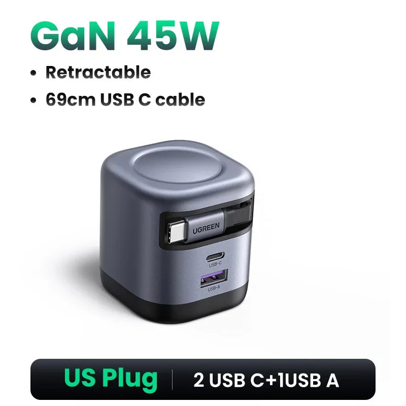 UGREEN 100W GaN Charger With Retractable USB C Cable UFCS PPS PD Fast Charger For Laptop Macbook Pro iPad Tablet iPhone Samsung