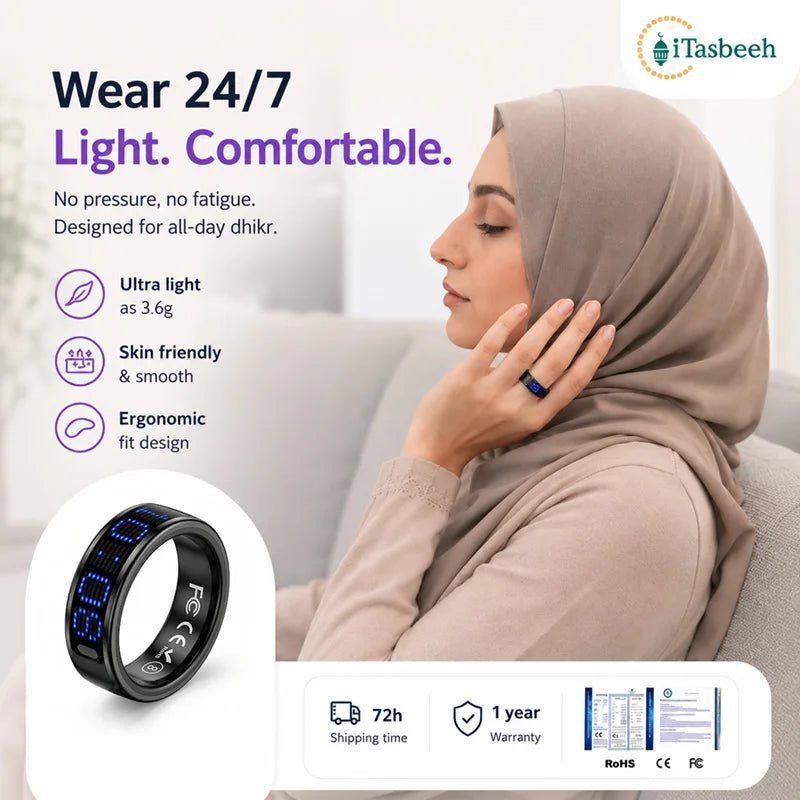 SQ666 Smart Zikr Tasbeeh Steel Ring with Magnetic Charging Case LED Display Comprehensive Health Monitoring Gift
