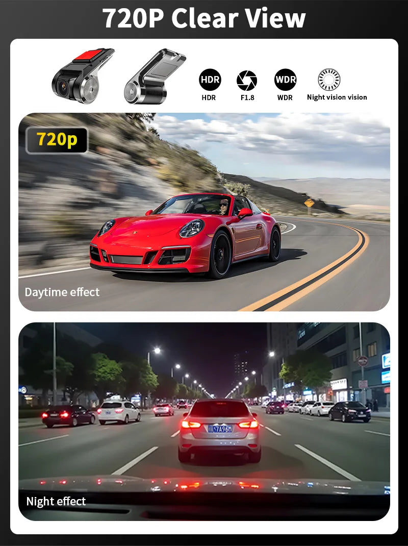 720P USB Dash Cam with ADAS & 170° Wide Angle – HDR/WDR Night Vision for Android Car Player