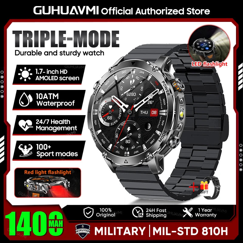 2026 New TANK Ultra 1400mAh Battery Military Smart Watch 10ATM Waterproof Heart Rate Tactical LED Flashlight Men Sports Bracelet