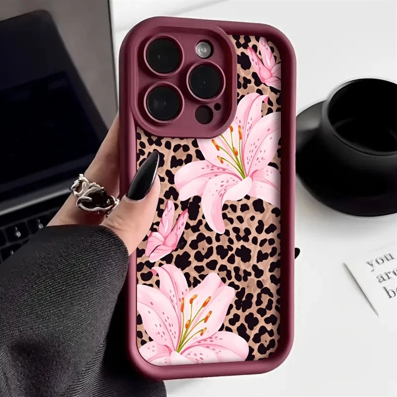 Pink Lily Flower Leopard Print Phone Case For iPhone 17 16 Pro Max 11 13 12 14 15 8 7 Plus XS XR X 16E 17E Shockproof TPU Cover