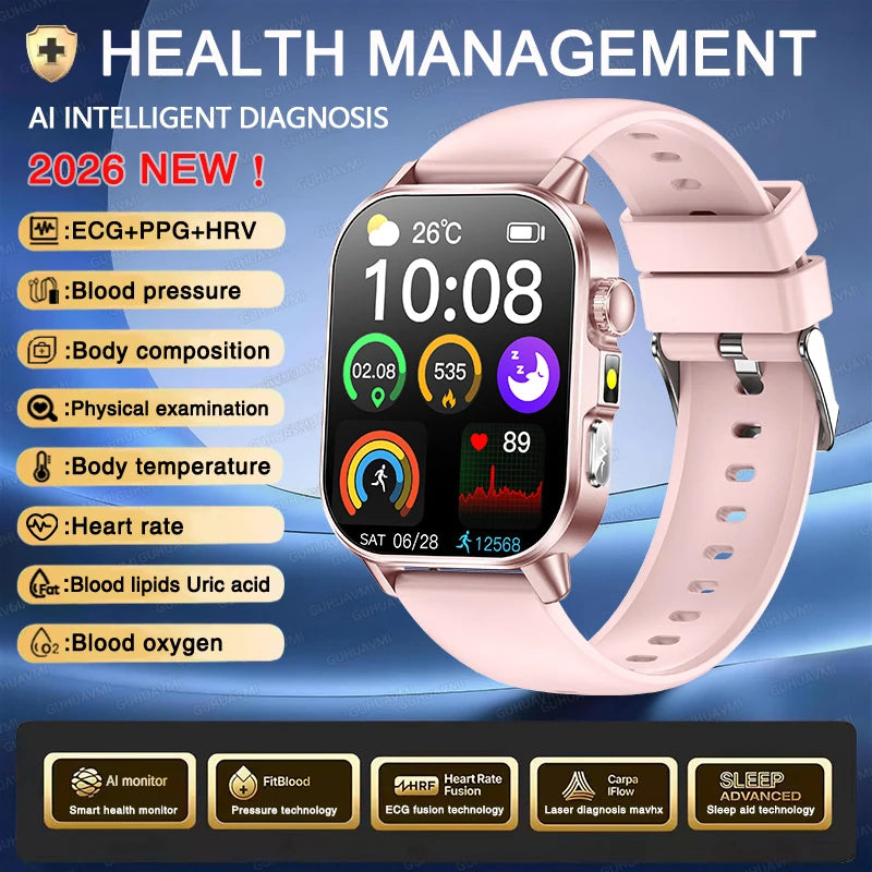 New Men Accurate Health Diagnosis ECG Smart Watch Blood Pressure Blood Oxygen Blood Fat Uric Acid Temp Bluetooth call Smartwatch