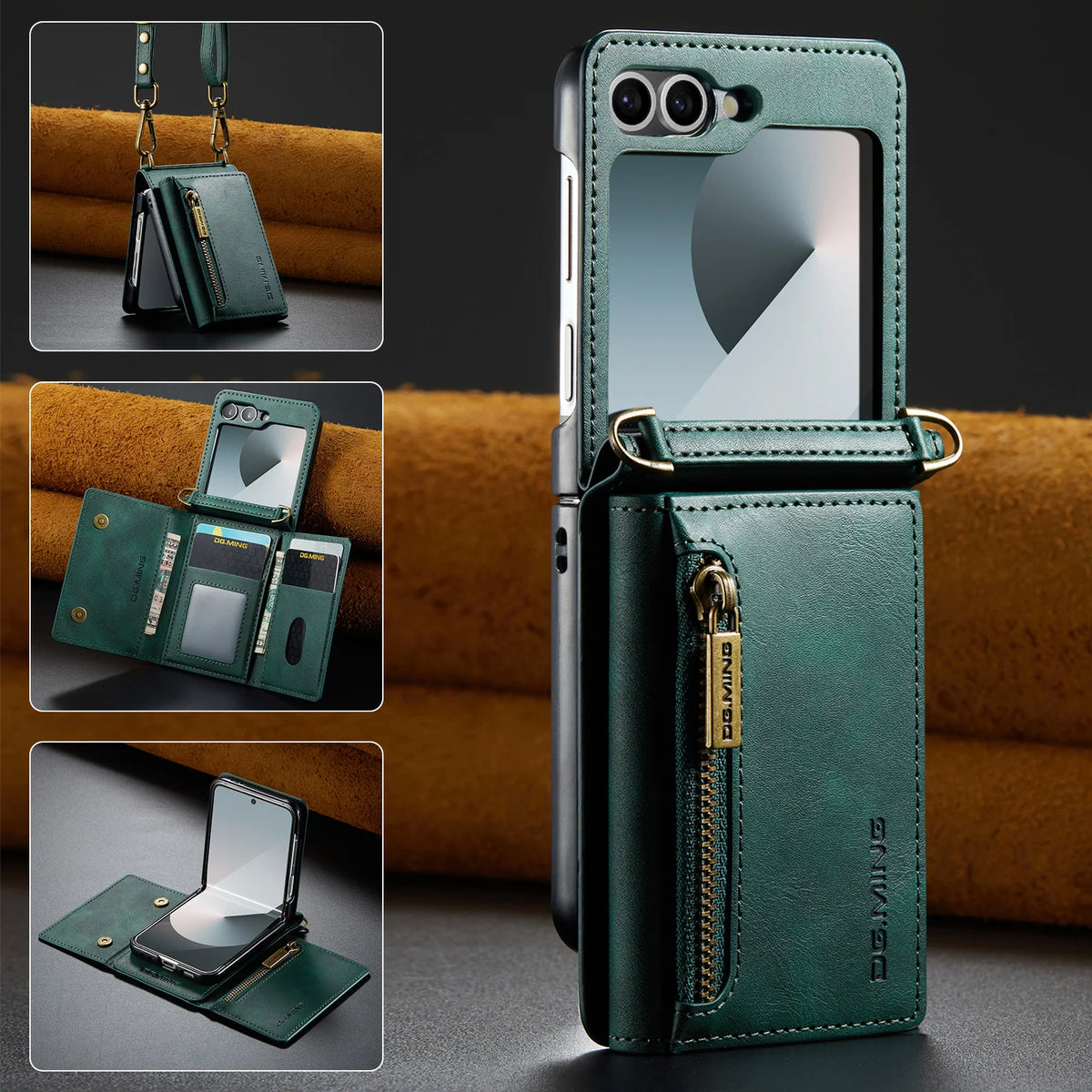 2 in 1 Luxury Leather Flip Phone Case For Samsung Galaxy Z Flip 8 7 6 5 4 3  Magnetic Wallet Card Solt Zipper Lanyard Cover ﻿