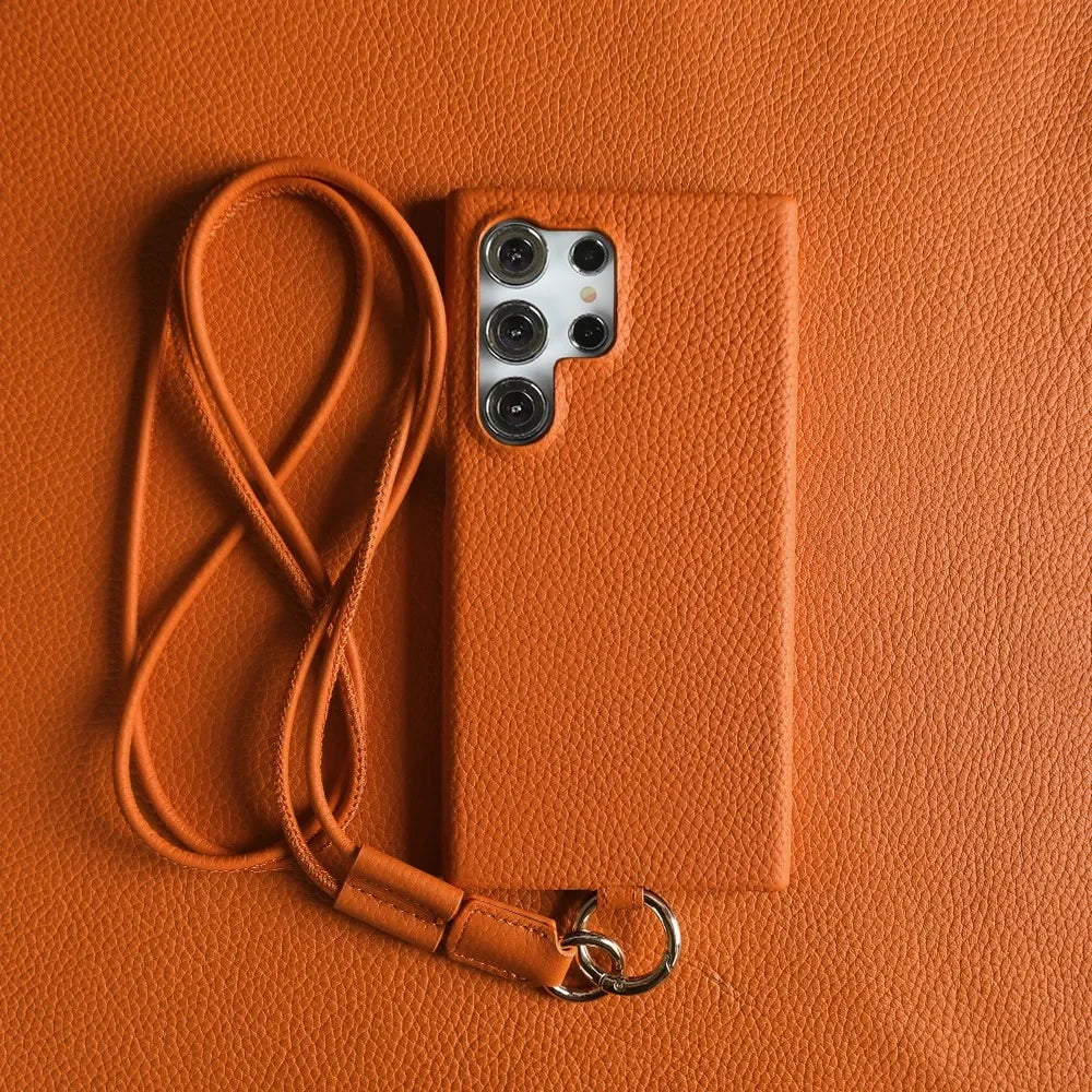Luxury Cowhide Genuine Leather Case For Samsung Galaxy S26 Ultra S23 S22 S21 S26FE  Strap Crossbody Lanyard Phone Cover Coque