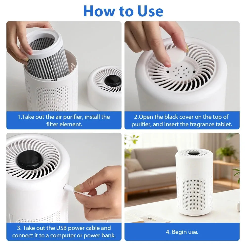 Mini Desktop Air Purifier Portable Air Cleaner HEPA Filter Freshener Odor Remover Compact Air Quality Improvement Devic