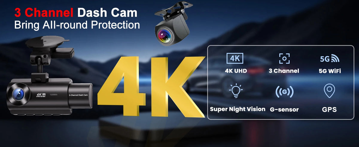 Kocam 3 Camera WIFI GPS 4K Dash Cam Car Dvr Interior Vehicle Three Way Channel Dvrs Recorder Video Registrator Dashcam Camcorder