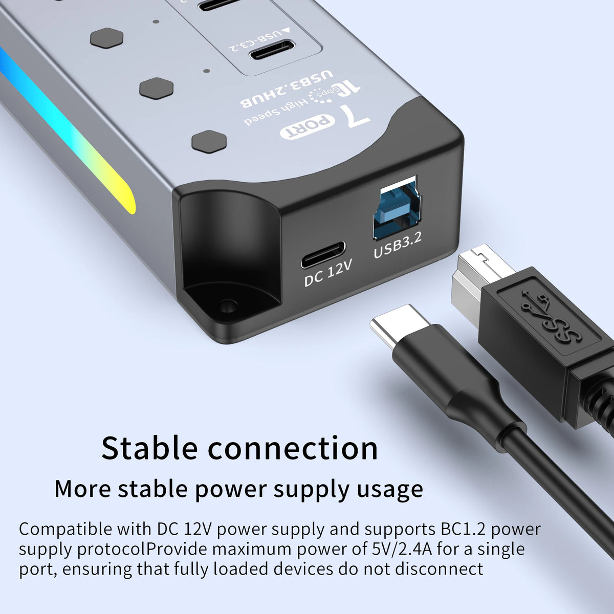 7Port USB 3.2 USB-C Hub 10Gbps USB-A USB-C Ports Splitter Individual Switches 12V US/EU Power Adapter Expander for Laptop PC