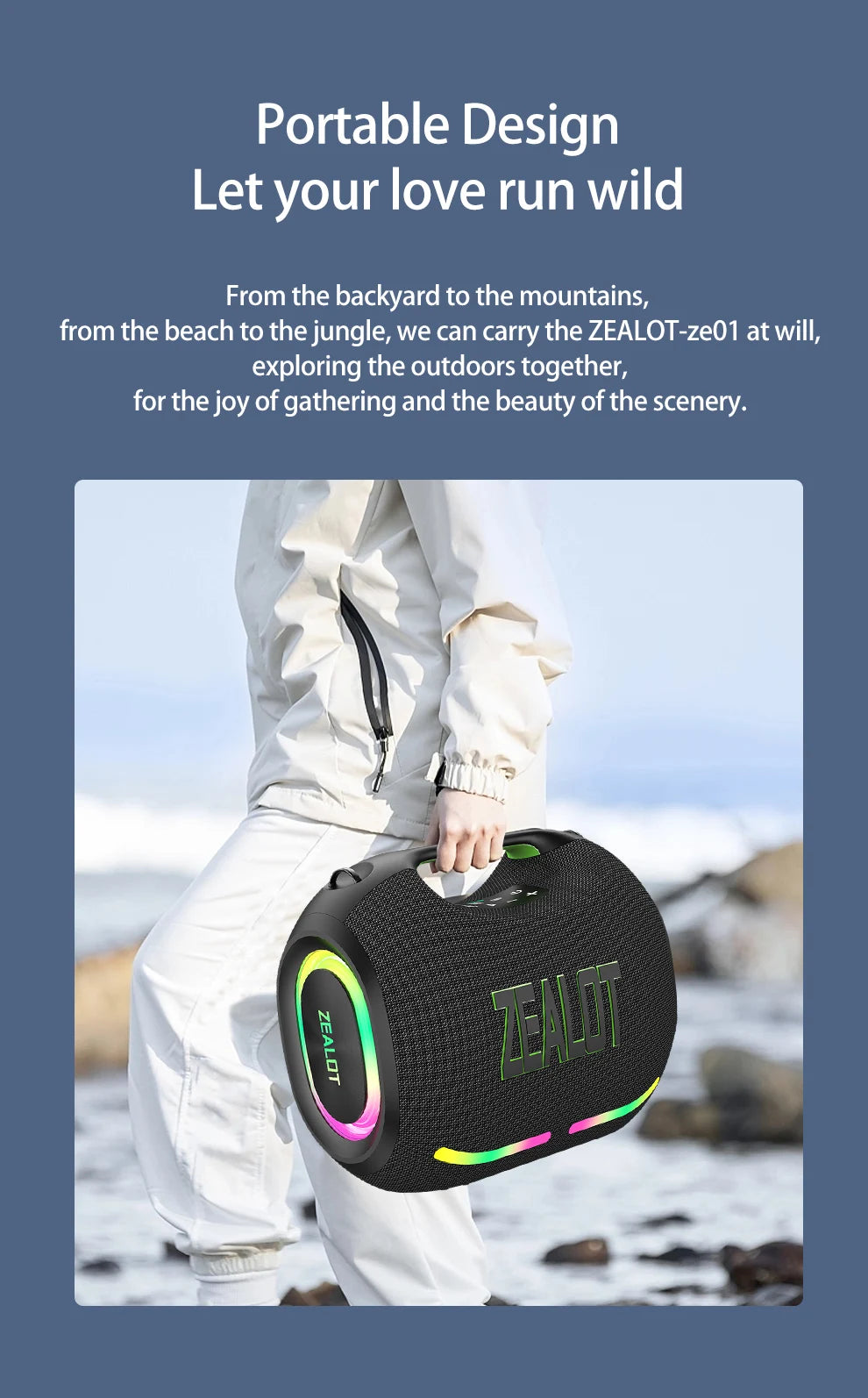 ZEALOT ZE01 120W Wireless Speaker With Carry Handle,EQ Mode, RGB Light,TWS Dual Pairing, Fast Charging, 24000mAh Power bank.
